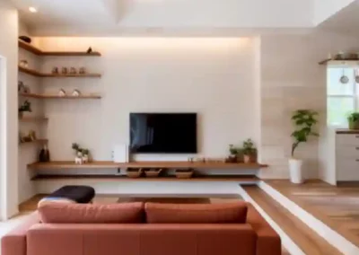 Etagères bois suspendues coin hifi salon