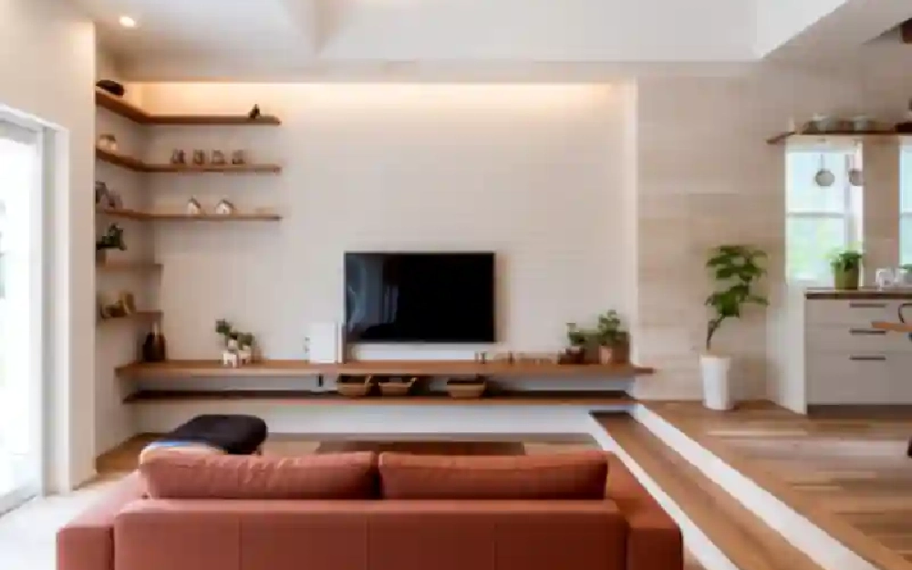 Etagères bois suspendues coin hifi salon