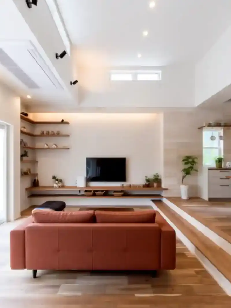 Etagères sur-mesure en bois suspendues coin hifi salon