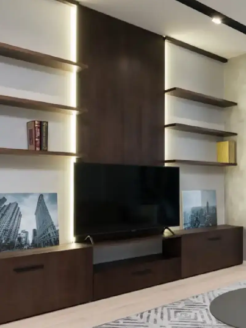 Meuble TC avec panneaux mural en noyer et étagère